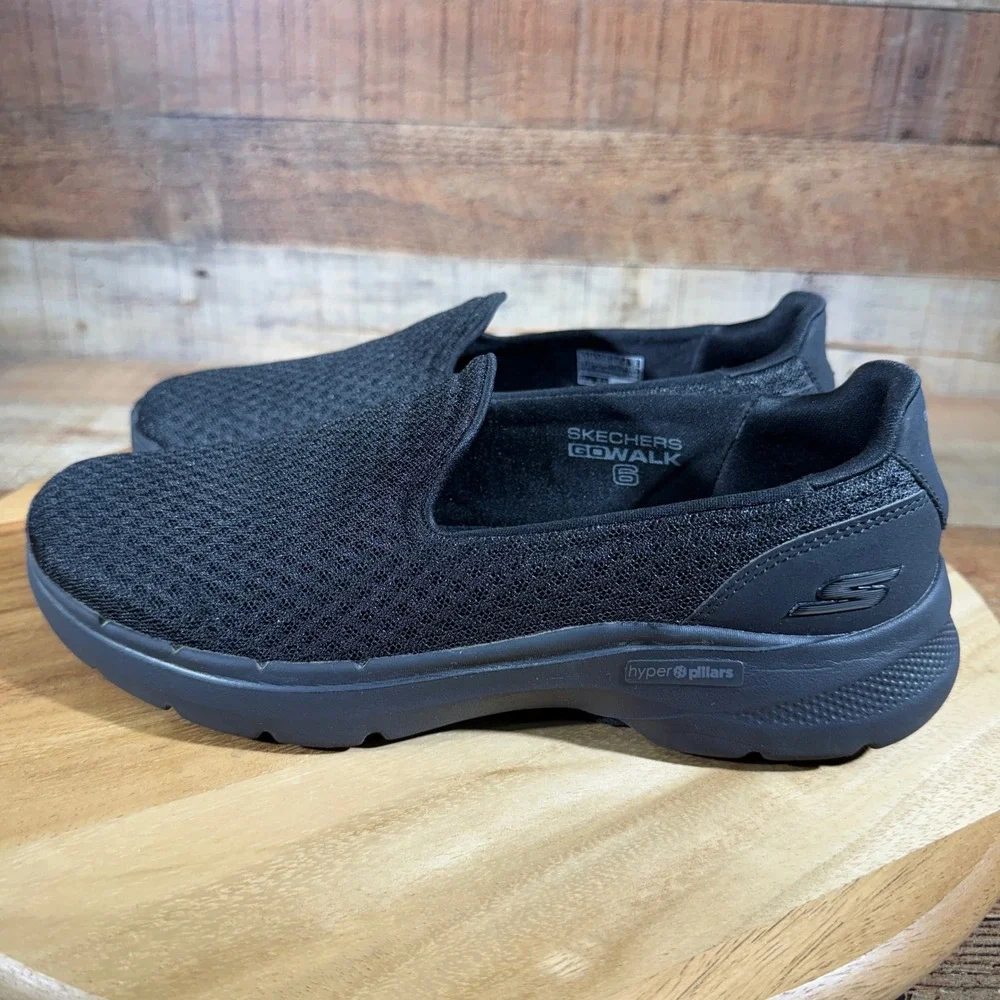 Skechers GoWalk 6 Womens 9.5 Black‎ Slip On Sneaker 124508W Hyper Pillars Mesh